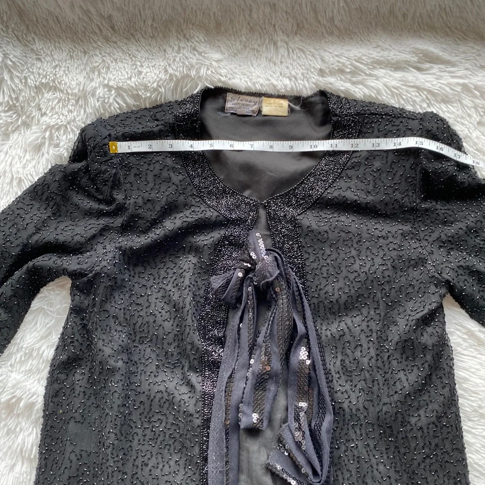 STENAY Vintage Beaded Silk Evening Jacket Black Sequin Formal Tie Front M